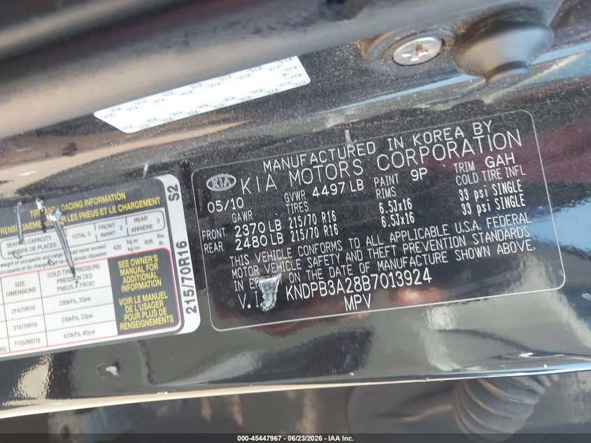 2011 Kia Sportage VIN KNDPB3A28B7013924 IAAI salvage auction — NORMAL WEAR, Clear - Dealer Only (California), sold $775 on 2026-07-08 (photo 9)