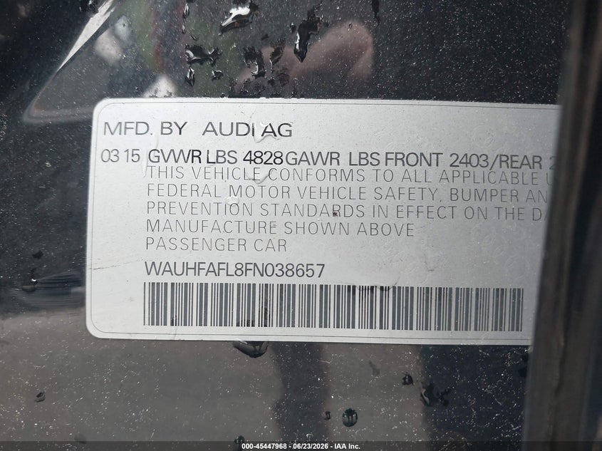 2015 Audi A4 VIN WAUHFAFL8FN038657 IAAI salvage auction — FRONT END, Clear (Massachusetts), sold $475 on 2026-07-17 (photo 9)