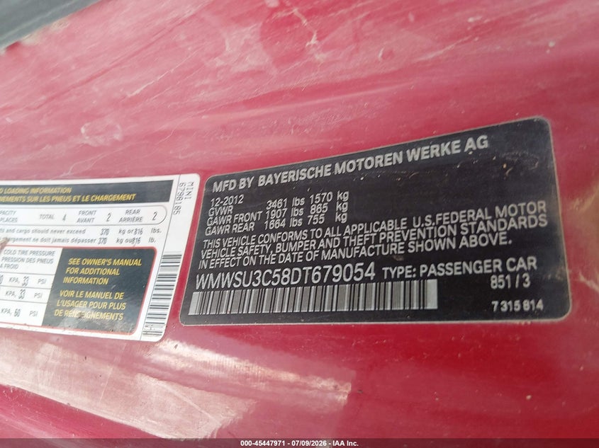 2013 Mini Hard top VIN WMWSU3C58DT679054 IAAI salvage auction — SIDE, Clear (Oklahoma), sold $600 on 2026-08-30 (photo 9)