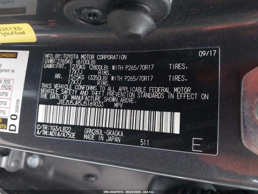 2018 Toyota 4runner VIN JTEZU5JR5J5169033 IAAI salvage auction — RIGHT SIDE, Salvage Title, sold $8,600 on 2026-07-24 (photo 9)