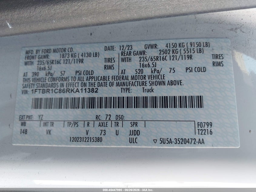 2024 Ford Transit VIN 1FTBR1C86RKA11382 IAAI salvage auction — LEFT SIDE, Salvage Title, sold $22,300 on 2026-08-17 (photo 9)