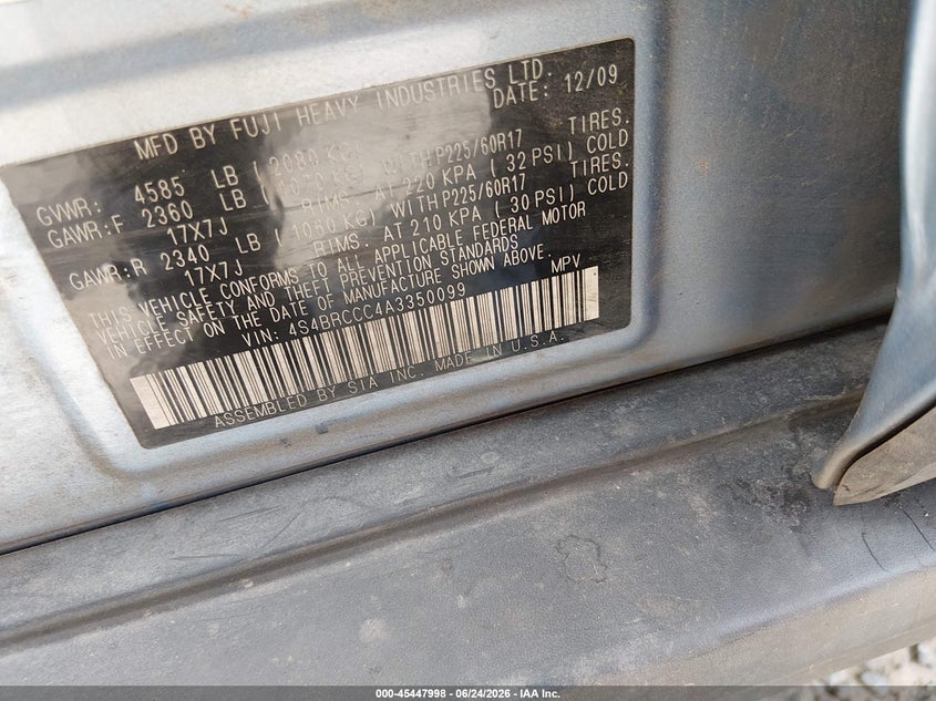 2010 Subaru Outback VIN 4S4BRCCC4A3350099 IAAI salvage auction — FRONT END, Salvage (North Carolina), sold $375 on 2026-07-23 (photo 9)