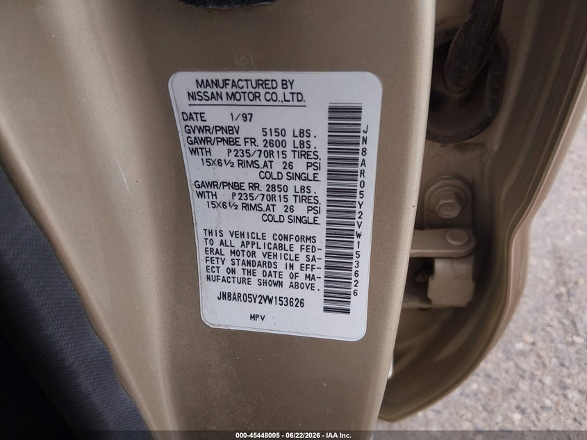 1997 Nissan Pathfinder VIN JN8AR05Y2VW153626 IAAI salvage auction — LEFT FRONT, Salvage (Colorado), sold $300 on 2026-08-01 (photo 9)