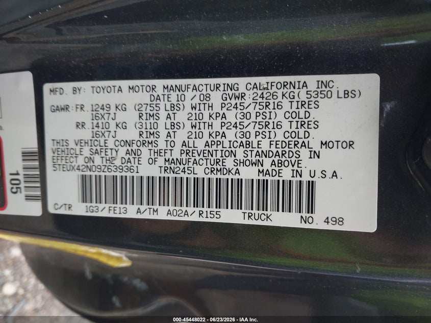 2009 Toyota Tacoma VIN 5TEUX42N09Z639361 IAAI salvage auction — FRAME DAMAGE, Clear (Massachusetts), sold $25 on 2026-07-24 (photo 9)