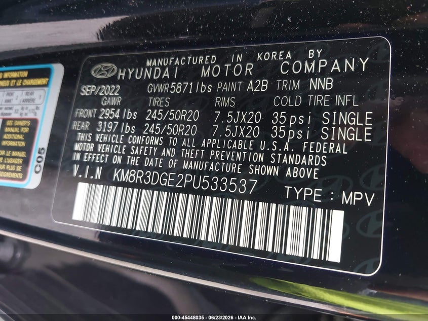 2023 Hyundai Palisade VIN KM8R3DGE2PU533537 IAAI salvage auction — FRONT END, Salvage Title, sold $8,100 on 2026-07-28 (photo 9)