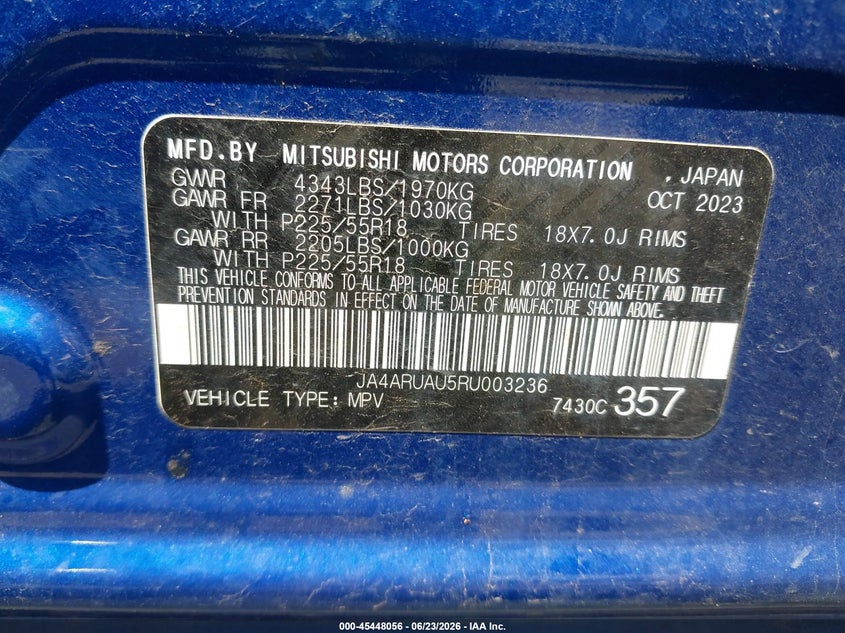 2024 Mitsubishi Outlander VIN JA4ARUAU5RU003236 IAAI salvage auction — FRONT END, Salvage (Ohio), sold $5,650 on 2026-07-16 (photo 9)