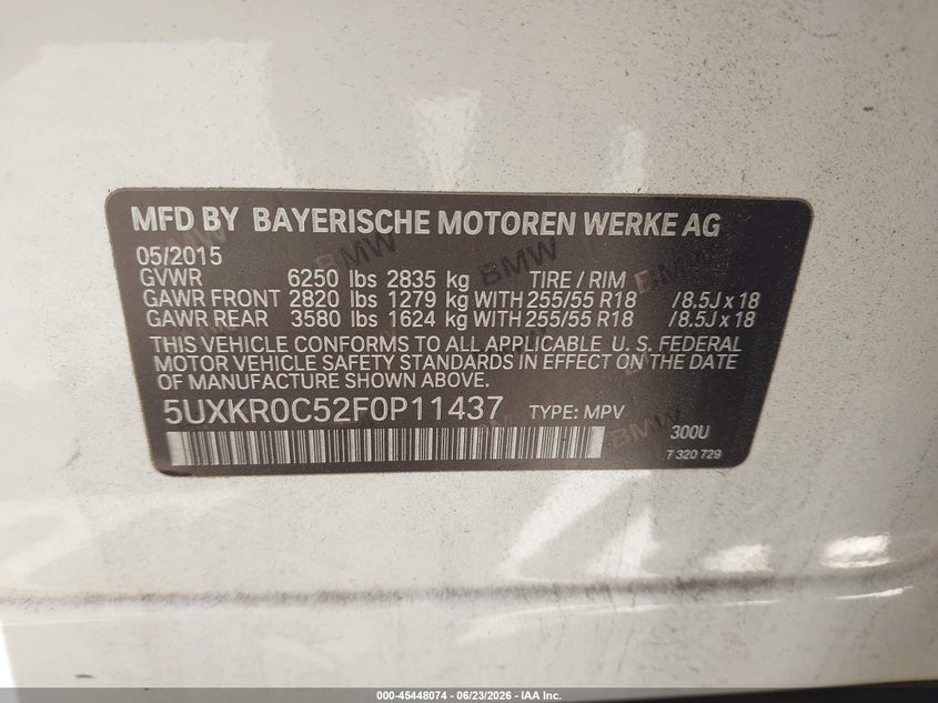 2015 BMW X5 VIN 5UXKR0C52F0P11437 IAAI salvage auction — LEFT FRONT, Salvage (Georgia), sold $2,100 on 2026-07-30 (photo 9)