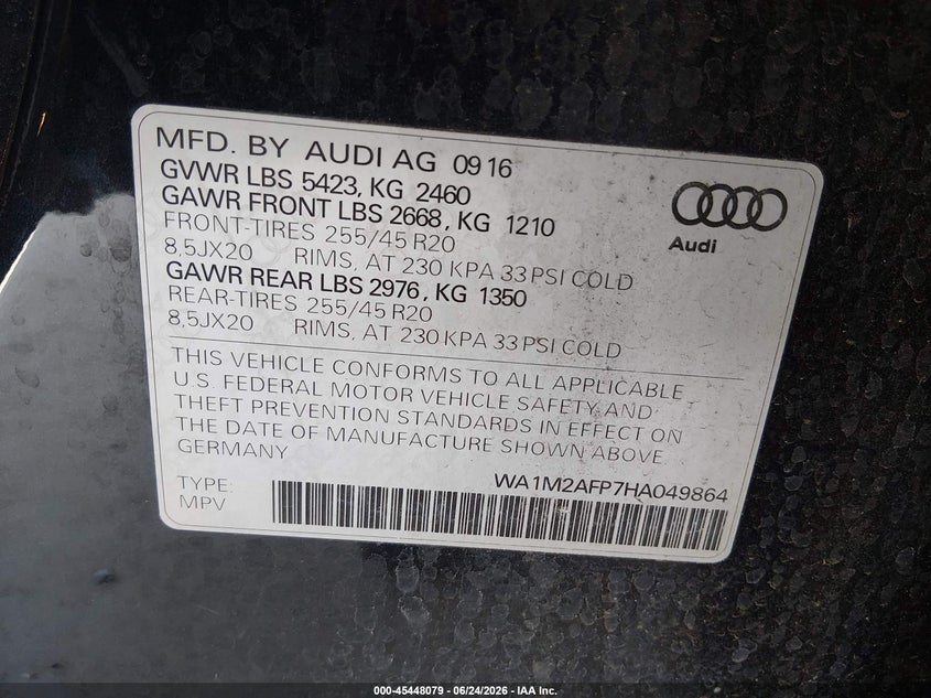 2017 Audi Q5 VIN WA1M2AFP7HA049864 IAAI salvage auction — REAR END, Salvage Title, sold $5,000 on 2026-07-22 (photo 9)