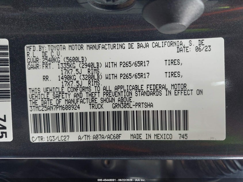 2023 Toyota Tacoma VIN 3TMCZ5AN7PM608924 IAAI salvage auction — UNDERCARRIAGE, Salvage (Texas), sold $13,650 on 2026-07-30 (photo 9)