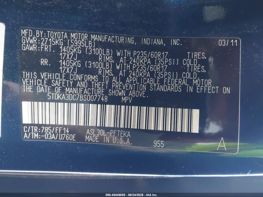 2011 Toyota Sienna VIN 5TDKA3DC7BS007748 IAAI salvage auction — NORMAL WEAR, Clear (New York), sold $1,150 on 2026-07-08 (photo 9)