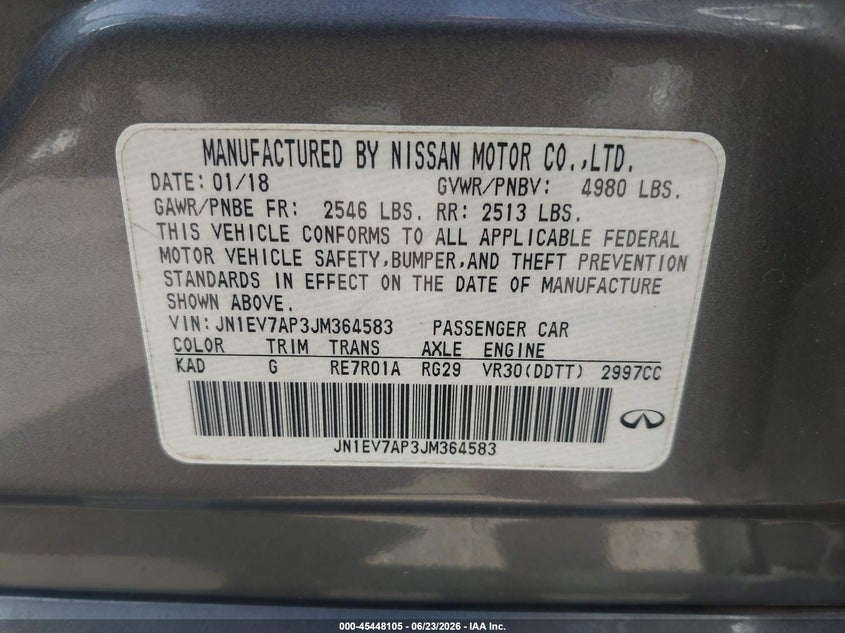 2018 Infiniti Q50 VIN JN1EV7AP3JM364583 IAAI salvage auction — REAR END, Salvage (Texas), sold $2,750 on 2026-07-29 (photo 9)