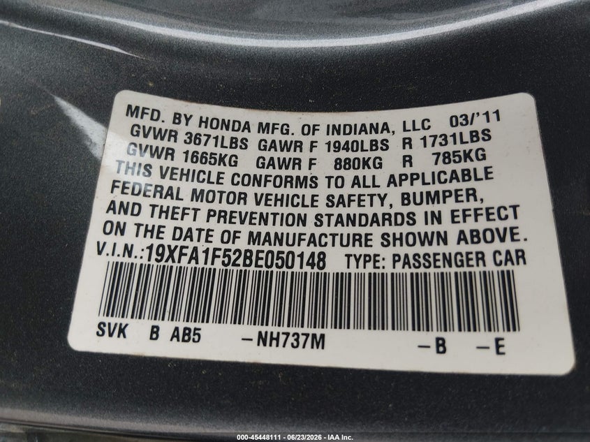 2011 Honda Civic VIN 19XFA1F52BE050148 IAAI salvage auction — FRONT END, Salvage (Mississippi), sold $550 on 2026-07-25 (photo 9)