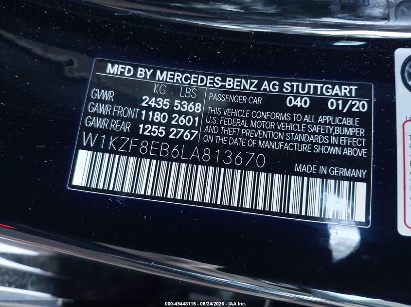 2020 Mercedes-benz E-klasse VIN W1KZF8EB6LA813670 IAAI salvage auction — FRONT & REAR, Salvage Title, sold $6,200 on 2026-07-28 (photo 9)