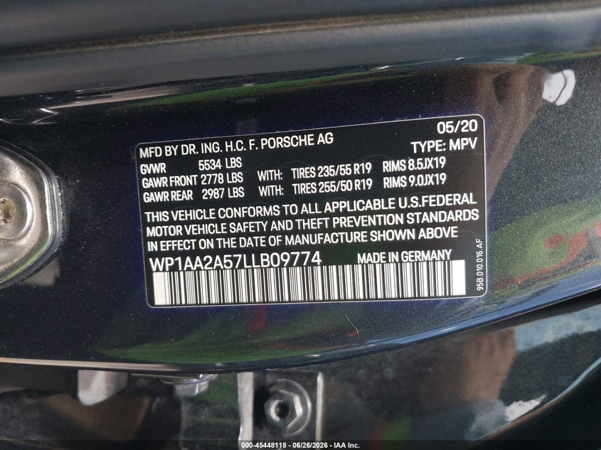 2020 Porsche Macan VIN WP1AA2A57LLB09774 IAAI salvage auction — FRONT END, Original (Texas), sold $9,100 on 2026-07-30 (photo 9)