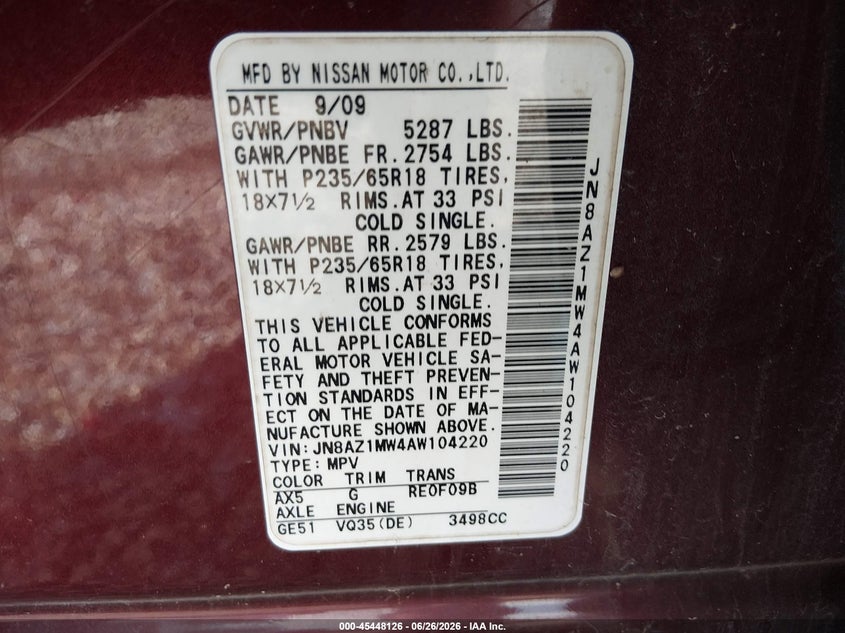 2010 Nissan Murano VIN JN8AZ1MW4AW104220 IAAI salvage auction — NORMAL WEAR, Clear (Arkansas), sold $425 on 2026-07-16 (photo 9)
