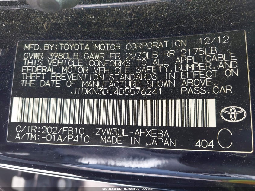2013 Toyota Prius VIN JTDKN3DU4D5576241 IAAI salvage auction — REAR END, Clear - Dealer Only (California), sold $2,900 on 2026-07-15 (photo 9)