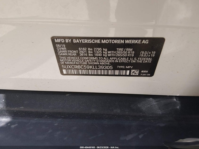 2019 BMW X5 VIN 5UXCR6C59KLL39305 IAAI salvage auction — HAIL, Original (Texas), sold $20,100 on 2026-07-24 (photo 9)