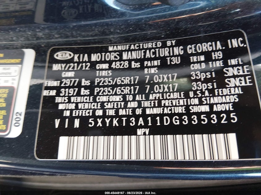 2013 Kia Sorento VIN 5XYKT3A11DG335325 IAAI salvage auction — FRONT END, Salvage (Ohio), sold $775 on 2026-07-28 (photo 9)