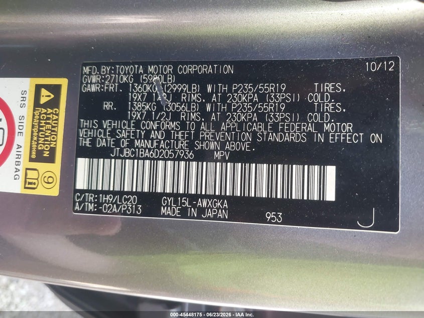 2013 Lexus Rx VIN JTJBC1BA6D2057936 IAAI salvage auction — RIGHT SIDE, Salvage Title, sold $50 on 2026-07-28 (photo 9)