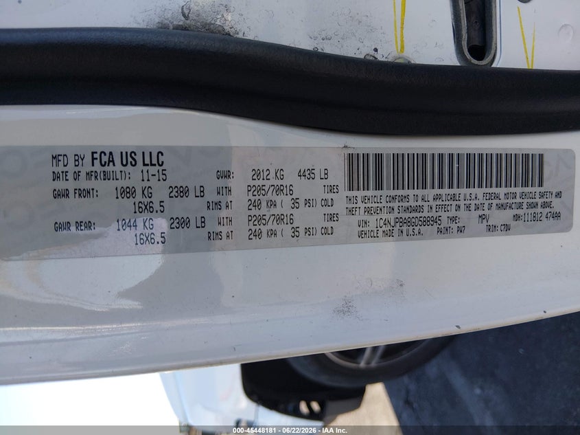 2016 Jeep Liberty (patriot) VIN 1C4NJPBA8GD588945 IAAI salvage auction — FRONT END, Salvage (Nevada), sold $800 on 2026-07-25 (photo 9)