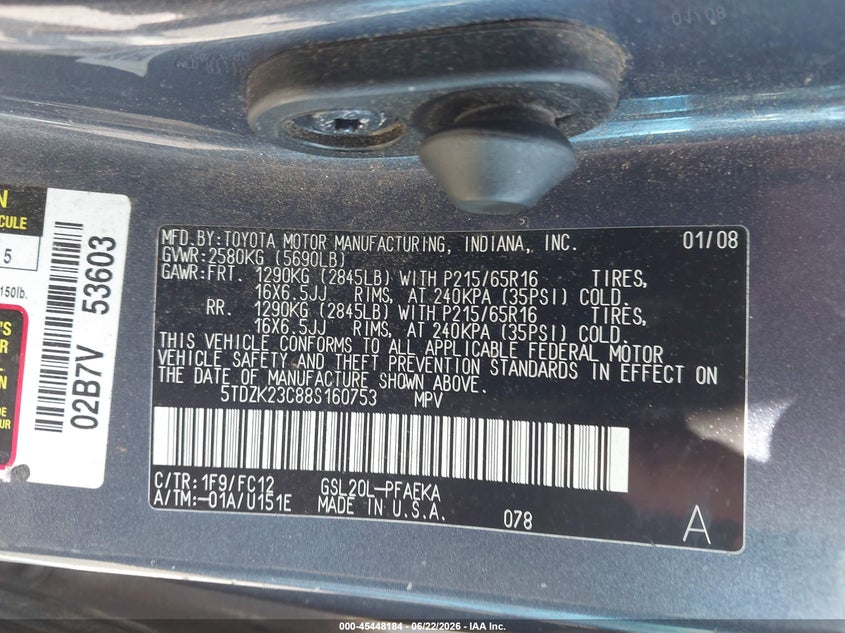 2008 Toyota Sienna VIN 5TDZK23C88S160753 IAAI salvage auction — NORMAL WEAR, Clear (North Carolina), sold $550 on 2026-07-30 (photo 9)