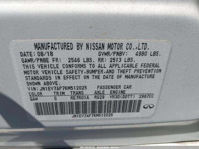 2019 Infiniti Q50 VIN JN1EV7AP7KM512025 IAAI salvage auction — THEFT, Salvage (California), sold $6,300 on 2026-07-09 (photo 9)