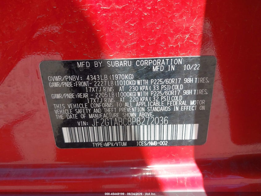 2023 Subaru Xv VIN JF2GTABC8P8272036 IAAI salvage auction — HAIL, Salvage (Ohio), sold $6,500 on 2026-07-28 (photo 9)