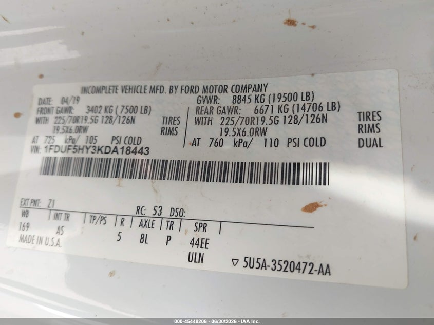 2019 Ford F-550 chassis VIN 1FDUF5HY3KDA18443 IAAI salvage auction — SIDE, Enterprise Vehicles Clear Only (Texas), sold $10,500 on 2026-07-20 (photo 8)