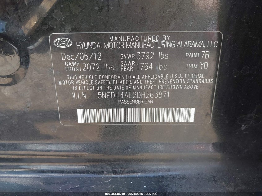 2013 Hyundai Elantra VIN 5NPDH4AE2DH263871 IAAI salvage auction — FRONT END, Salvage Title, sold $475 on 2026-07-22 (photo 9)