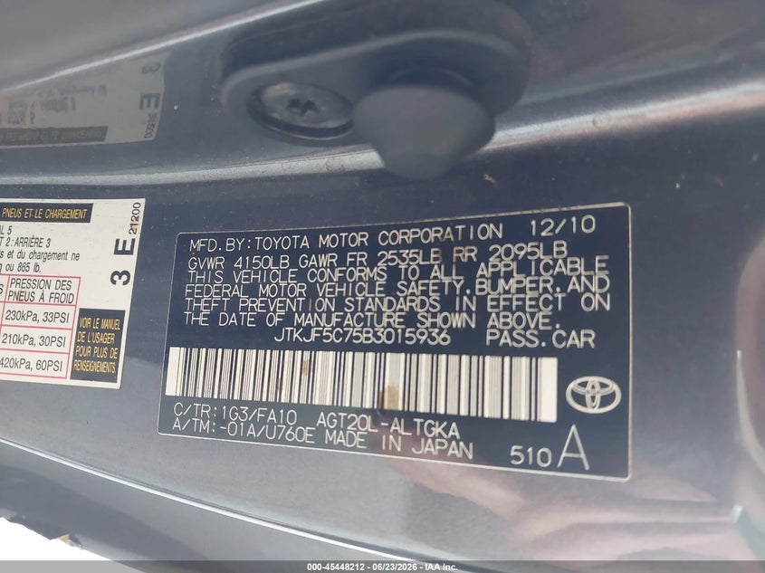 2011 Scion Tc VIN JTKJF5C75B3015936 IAAI salvage auction — LEFT SIDE, Rebuildable (Florida), sold $250 on 2026-07-29 (photo 9)