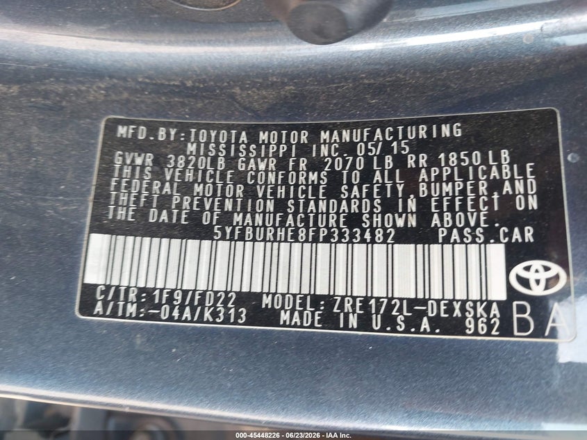 2015 Toyota Corolla VIN 5YFBURHE8FP333482 IAAI salvage auction — FRONT END, Bill Of Sale (Washington), sold $1,450 on 2026-07-07 (photo 9)