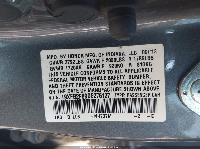 2013 Honda Civic VIN 19XFB2F89DE276137 IAAI salvage auction — REAR END, Salvage (California), sold $2,050 on 2026-07-05 (photo 9)
