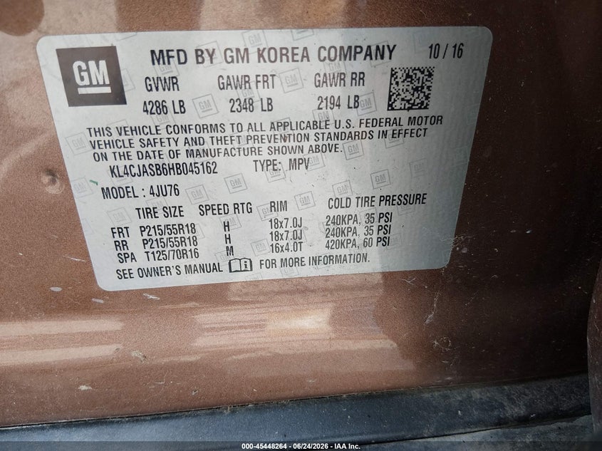 2017 Buick Encore VIN KL4CJASB6HB045162 IAAI salvage auction — LEFT SIDE, Salvage (Missouri), sold $1,550 on 2026-08-22 (photo 9)