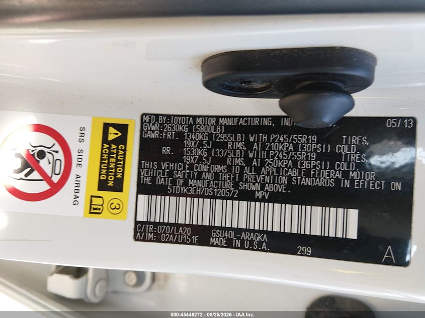 2013 Toyota Highlander VIN 5TDYK3EH7DS120572 IAAI salvage auction — RIGHT SIDE, Salvage (Kentucky), sold $3,850 on 2026-07-29 (photo 9)