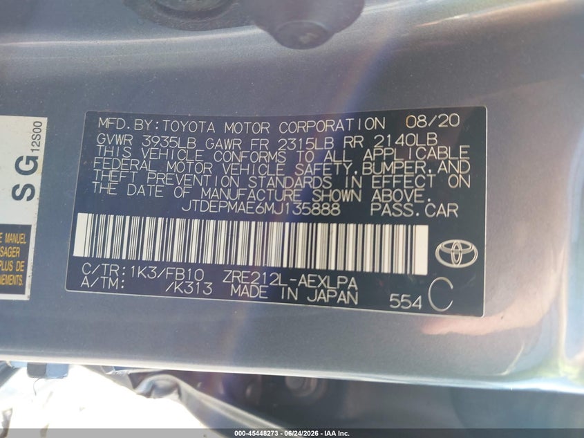 2021 Toyota Corolla VIN JTDEPMAE6MJ135888 IAAI salvage auction — LEFT SIDE, Salvage Title, sold $6,000 on 2026-07-30 (photo 9)