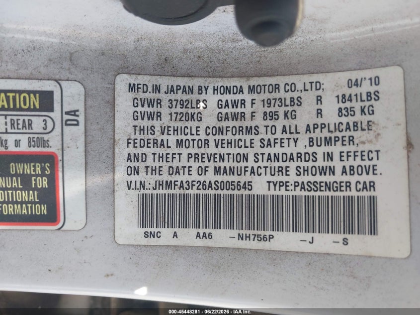2010 Honda Civic hybrid VIN JHMFA3F26AS005645 IAAI salvage auction — NORMAL WEAR, Original (Texas), sold $100 on 2026-07-16 (photo 9)