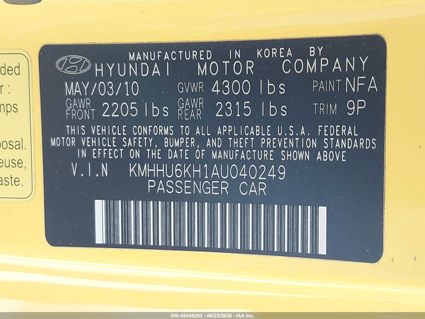 2010 Hyundai Genesis VIN KMHHU6KH1AU040249 IAAI salvage auction — FRONT END, Salvage (Texas), sold $350 on 2026-07-29 (photo 9)