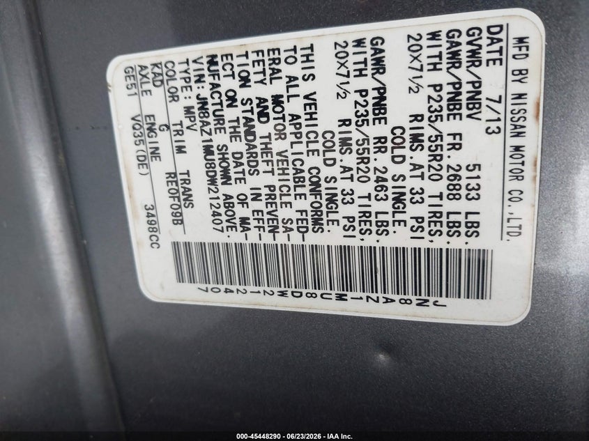 2013 Nissan Murano VIN JN8AZ1MU8DW212407 IAAI salvage auction — NORMAL WEAR, Clear (North Carolina), sold $425 on 2026-07-15 (photo 9)