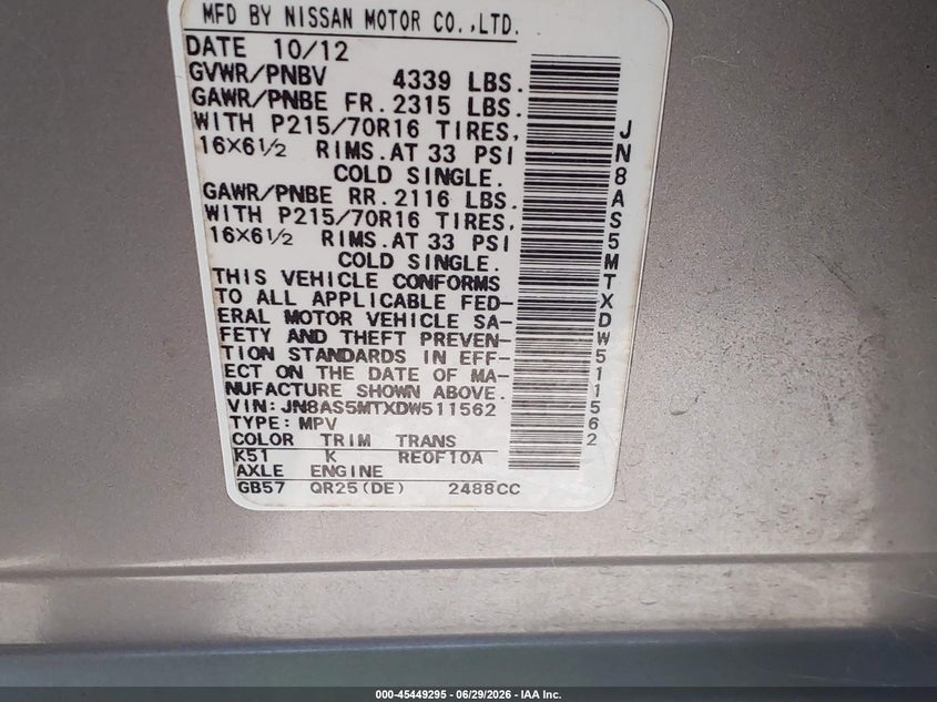2013 Nissan Rogue VIN JN8AS5MTXDW511562 IAAI salvage auction — NORMAL WEAR, Clear (Louisiana), sold $400 on 2026-07-28 (photo 9)