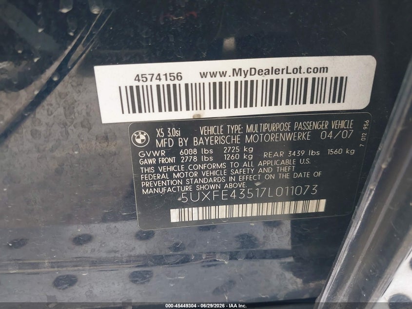 2007 BMW X5 VIN 5UXFE43517L011073 IAAI salvage auction — FRONT & REAR, Salvage (California), sold $275 on 2026-07-19 (photo 9)