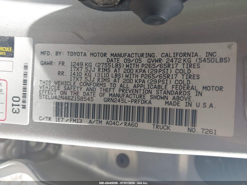 2006 Toyota Tacoma VIN 5TELU42N46Z158545 IAAI salvage auction — UNKNOWN, Salvage (Ohio), sold $3,450 on 2026-07-09 (photo 9)