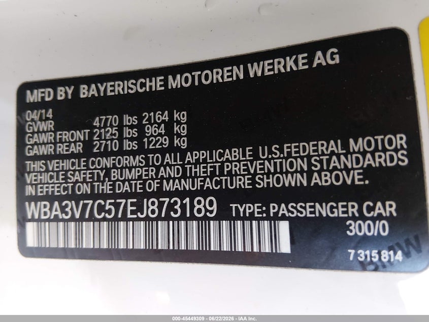 2014 BMW VIN WBA3V7C57EJ873189 IAAI salvage auction — WATER/FLOOD, Wait Title, sold $3,450 on 2026-08-07 (photo 9)