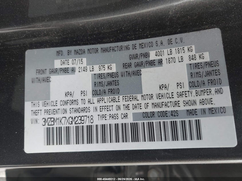 2016 Mazda 3 VIN 3MZBM1K7XGM239718 IAAI salvage auction — NORMAL WEAR, Salvage Title, sold $375 on 2026-08-01 (photo 9)