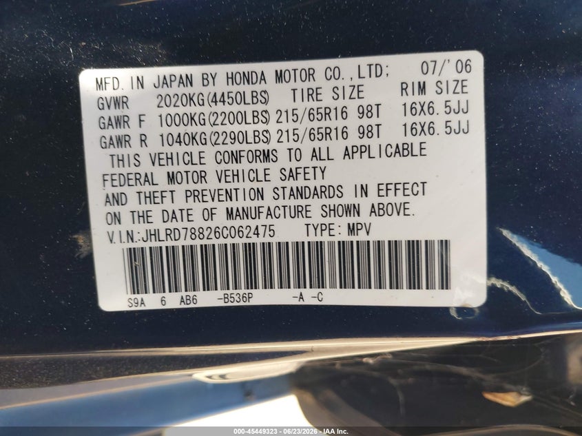 2006 Honda Cr-v VIN JHLRD78826C062475 IAAI salvage auction — NORMAL WEAR, Clear - Dealer Only (California), sold $1,000 on 2026-07-22 (photo 9)