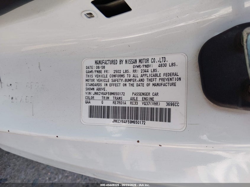2009 Infiniti G37 VIN JNKCV64F59M650172 IAAI salvage auction — FRONT END, Salvage (Colorado), sold $825 on 2026-07-28 (photo 9)