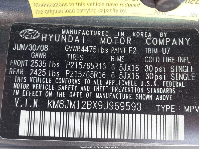 2009 Hyundai Tucson VIN KM8JM12BX9U969593 IAAI salvage auction — NORMAL WEAR, Original (Maine), sold $775 on 2026-07-06 (photo 9)