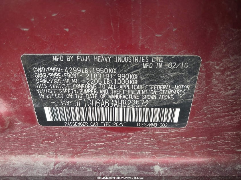 2010 Subaru Impreza VIN JF1GH6A63AH822572 IAAI salvage auction — RIGHT REAR, Bill Of Sale (Washington), sold $325 on 2026-07-28 (photo 9)