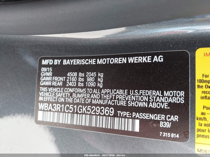 2016 BMW 4er VIN WBA3R1C51GK529369 IAAI salvage auction — SIDE, Salvage Title, sold $11,900 on 2026-08-25 (photo 9)