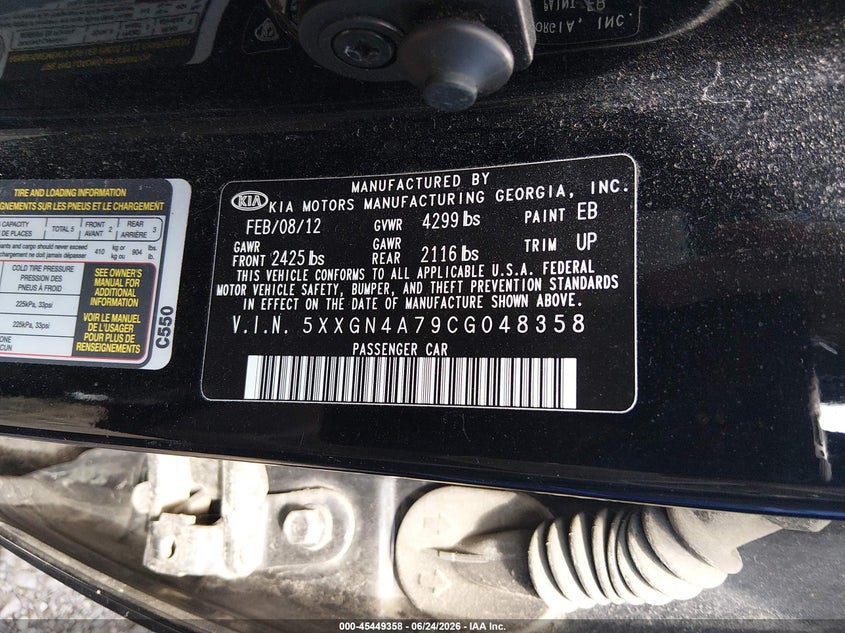2012 Kia Optima VIN 5XXGN4A79CG048358 IAAI salvage auction — NORMAL WEAR, Original (Ohio), sold $300 on 2026-07-30 (photo 9)