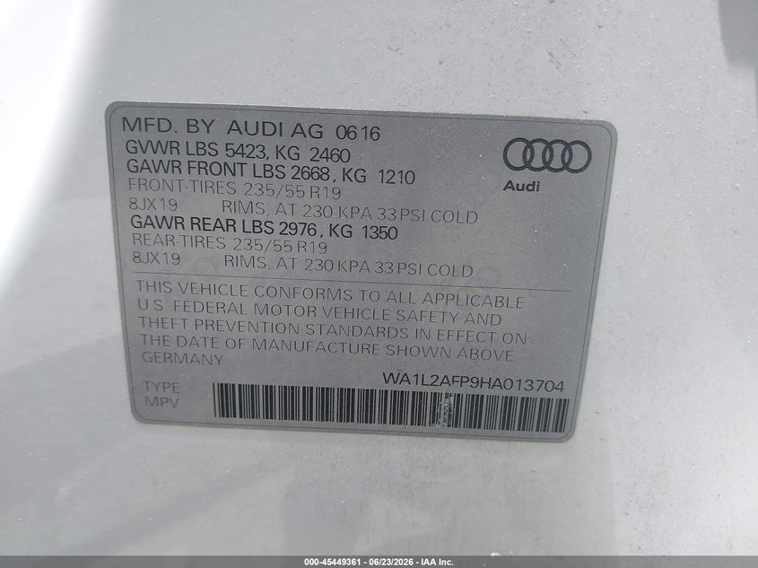 2017 Audi Q5 VIN WA1L2AFP9HA013704 IAAI salvage auction — FRONT END, Salvage Title, sold $3,050 on 2026-07-31 (photo 9)